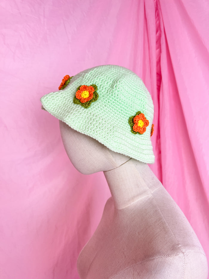 green flower power bucket hat